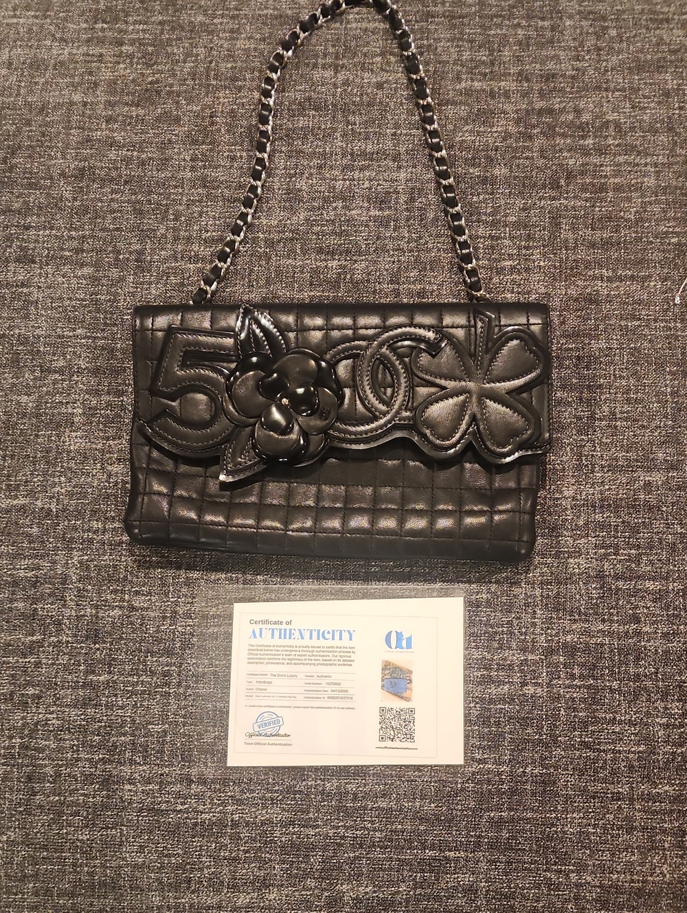 CHANEL Black Square QUilted Lambskin No 5 Camelia Flap Bag